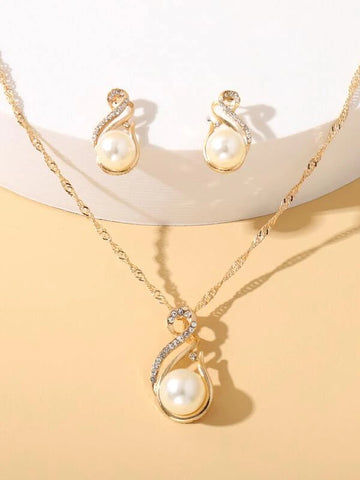 Sparkling Faux Pearl Charm Necklace & Earrings