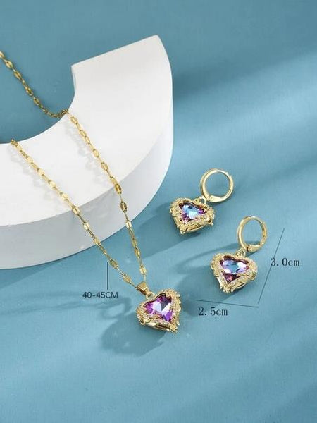 Sparkling Set of Heart Rhinestone Necklace & Pair of Earrings