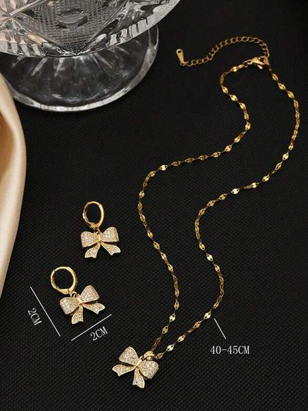 Sparkling Set of Butterfly Bowknot Necklace & Butterfly Shaped Earrings