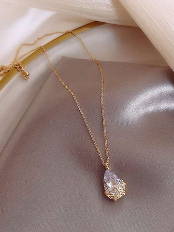 Sparkling Faux Teardrop Crystal Charm Necklace