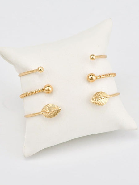 Sparkling Stripe & Leaf Detail Cuff Bracelet Set 3pcs