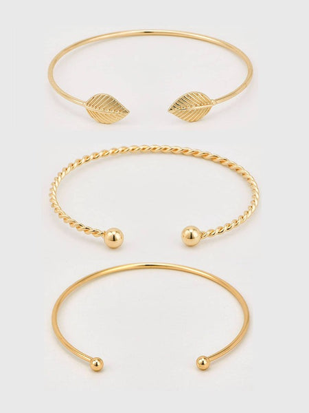 Sparkling Stripe & Leaf Detail Cuff Bracelet Set 3pcs