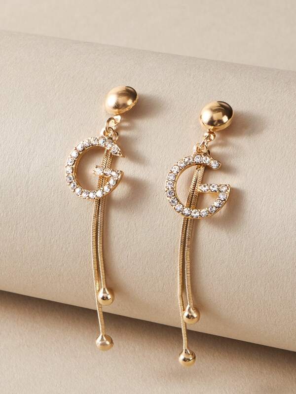 Sparkling Rhinestone Decor Letter Tassel Decor Drop Earrings