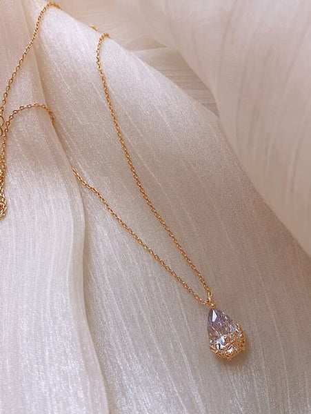 Sparkling Faux Teardrop Crystal Charm Necklace