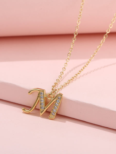 Sparkling Girls Zircon Decor Letter Charm Necklace