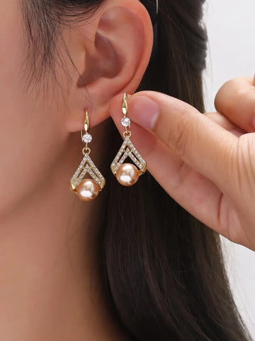 Sparkling Rhinestone & Faux Pearl Decor Drop Earrings