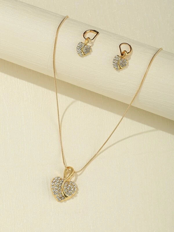 Sparkling Heart Charm Necklace & 1pair Drop Earrings