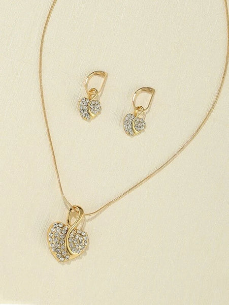 Sparkling Heart Charm Necklace & 1pair Drop Earrings