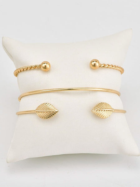 Sparkling Stripe & Leaf Detail Cuff Bracelet Set 3pcs