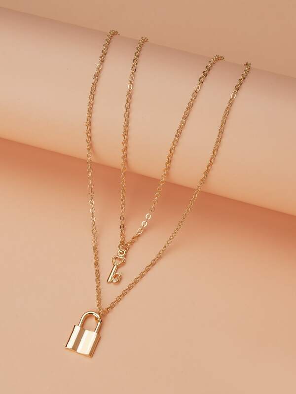 Sparkling 2pcs Lock Charm Necklace