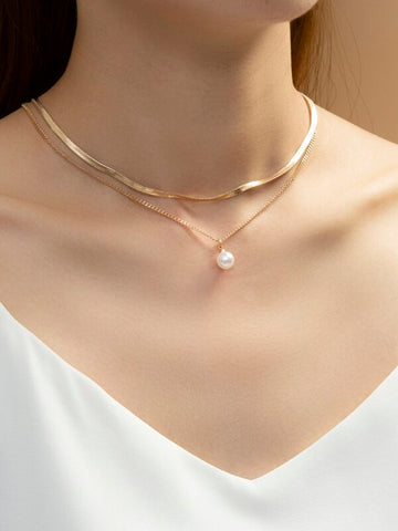 Sparkling Faux Pearl Decor Layered Necklace