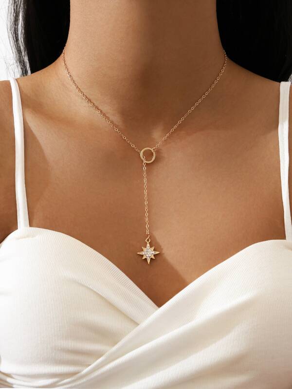 Sparkling Rhinestone Eight-pointed Star Charm Y Lariat Necklace